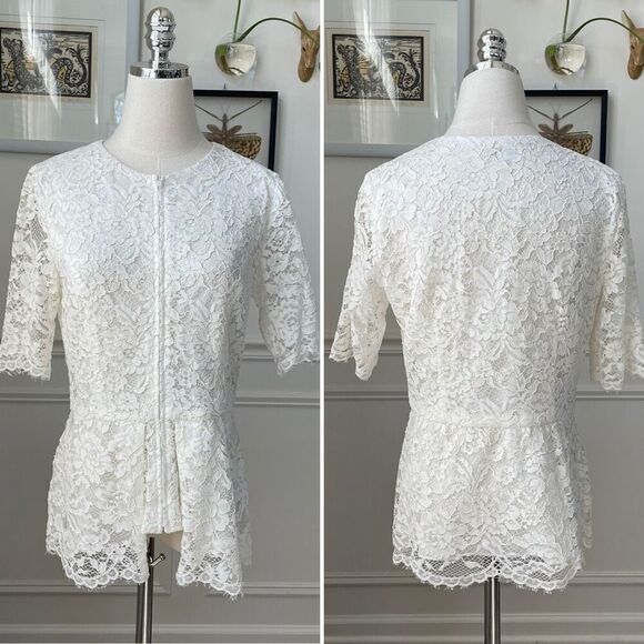 Neiman Marcus White Lace Short Sleeve Full Zip Top Cardigan 6 - Picture 1 of 10
